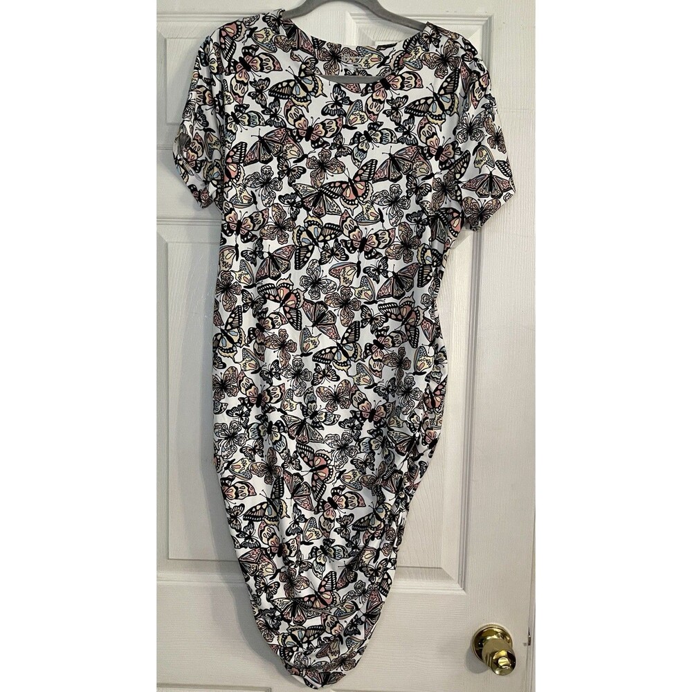 No Boundaries White Butterfly Print Juniors  SZ19 Side-Ruched Bodycon Midi Dress